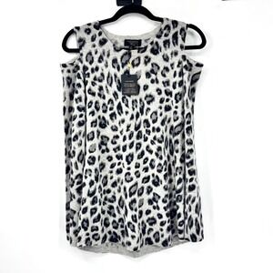 NWT Charter Club Cashmere Luxury Leopard Cold Shoulder Sweater Gray Black